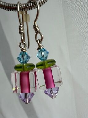 Colorful Glass Bead Dangle Earrings - Pink, Green & Blue